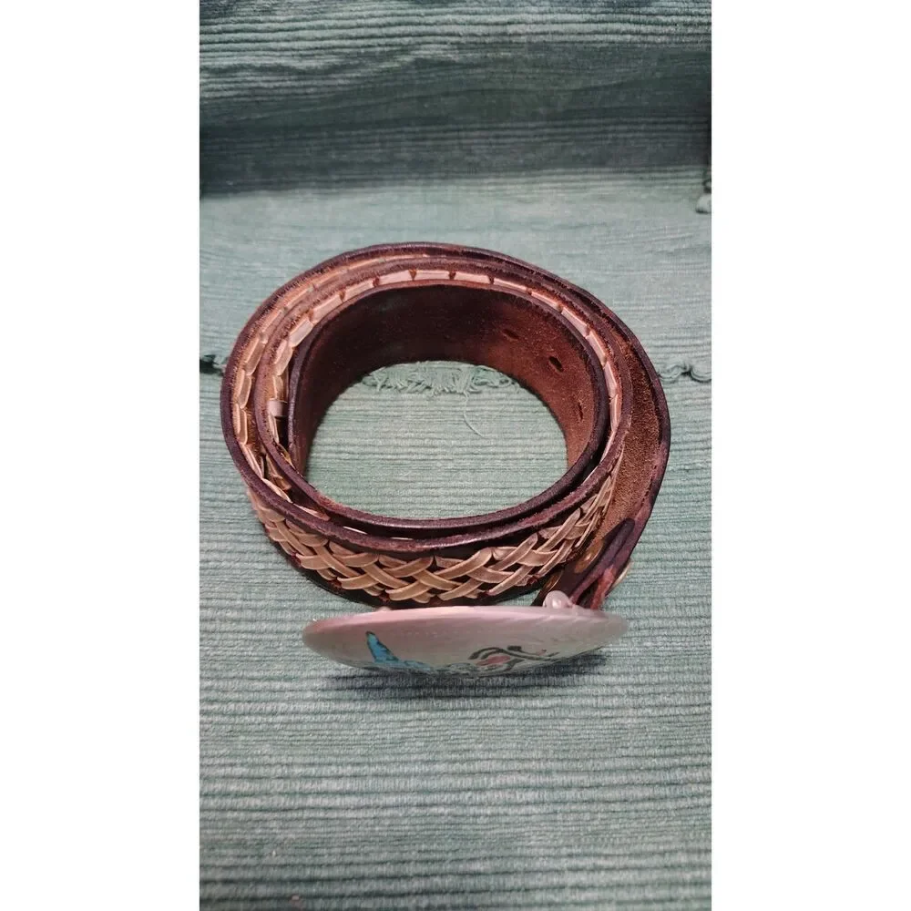Handmade Motorcycle Turquoise Coral Inlay Motorcycle‎ Belt Buckle Leather Belt